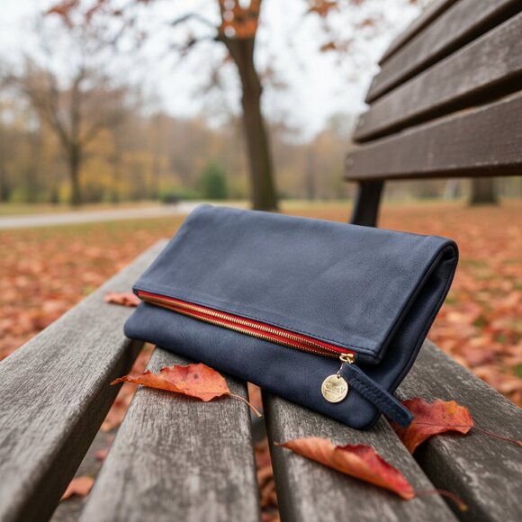 Clare V. Foldover Leather Clutch Navy Made in USA - Picture 3 of 10